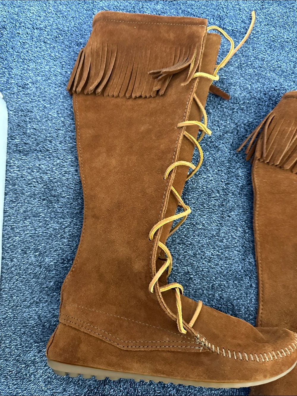 Women's Brown Suede Fringe Lace-Up Knee Boots - Picture 4 of 6